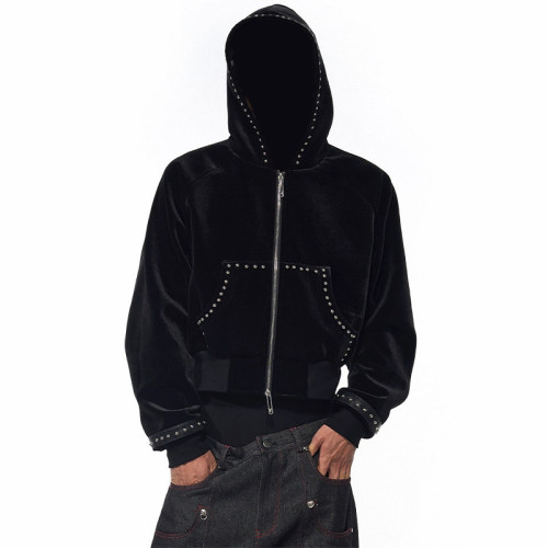 Black velvet hooded jacket | Street rhinestone jacket | Mens short zipper jacket | Clothing supplier