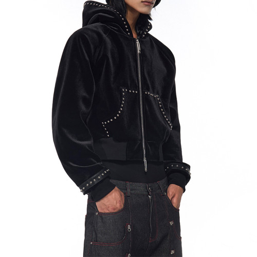 Black velvet hooded jacket | Street rhinestone jacket | Mens short zipper jacket | Clothing supplier