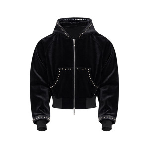 Black velvet hooded jacket | Street rhinestone jacket | Mens short zipper jacket | Clothing supplier