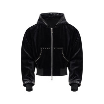 Black velvet hooded jacket | Street rhinestone jacket | Mens short zipper jacket | Clothing supplier
