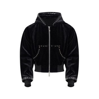 Black velvet hooded jacket | Street rhinestone jacket | Mens short zipper jacket | Clothing supplier