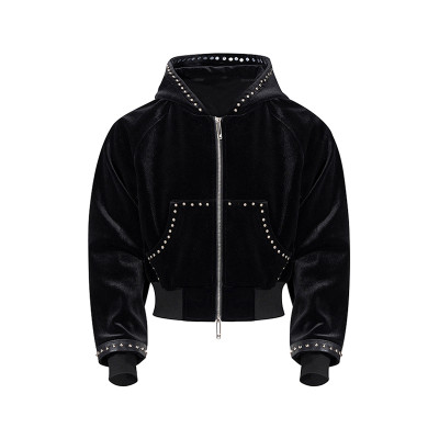 Black velvet hooded jacket | Street rhinestone jacket | Mens short zipper jacket | Clothing supplier