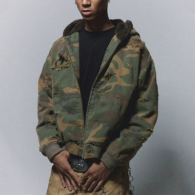 Camo distressed jacket | Army green hooded jacket | Thick winter lambswool jacket | Jackets factory