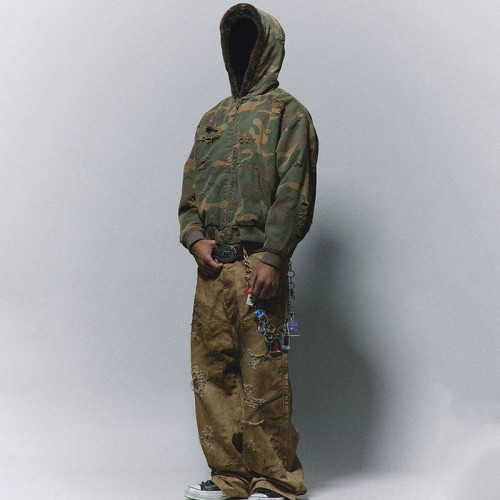 Camo distressed jacket | Army green hooded jacket | Thick winter lambswool jacket | Jackets factory