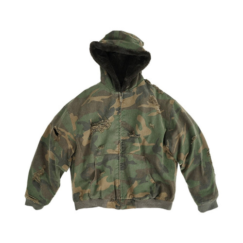 Camo distressed jacket | Army green hooded jacket | Thick winter lambswool jacket | Jackets factory