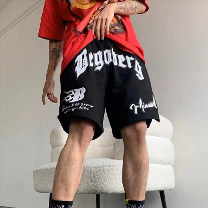 Custom street style multi-color fuzzy embroidered letters sports basketball baggy shorts for men
