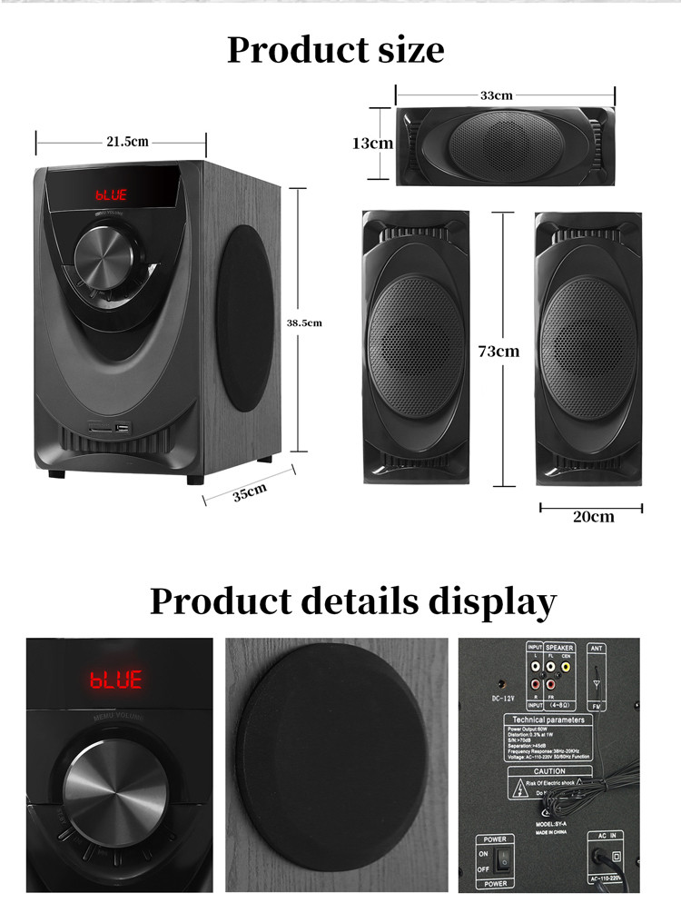 Detalle del tamaño de los sistemas de audio doméstico 3.1 personalizados con BT inalámbrico AS-C360