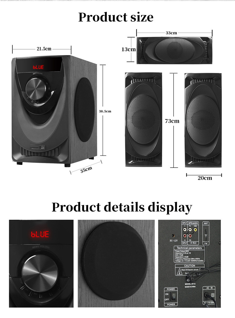 Size detail of Custom 3.1 Home Audio Systems With Wireless BT AS-C360