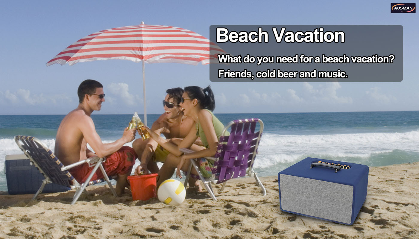 beach vacation with friends and Retro Speaker Box AS-GH907