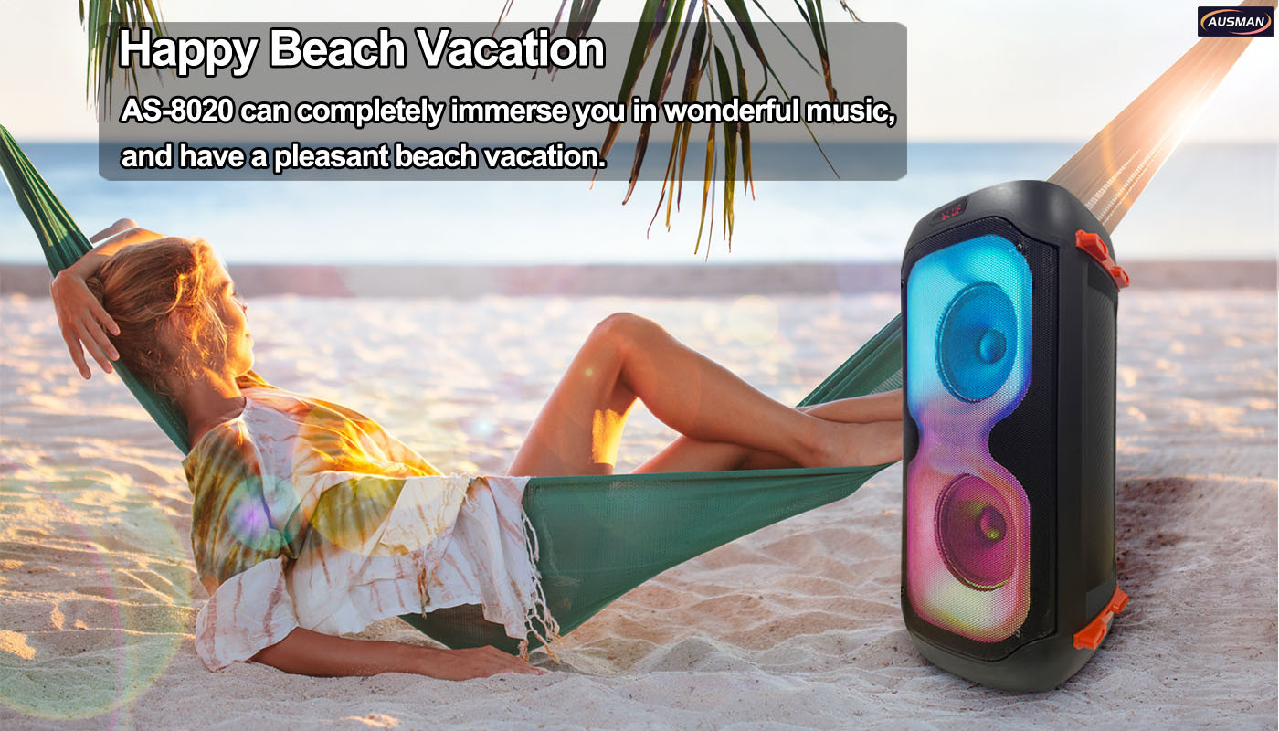 happy beach vaction with party speaker