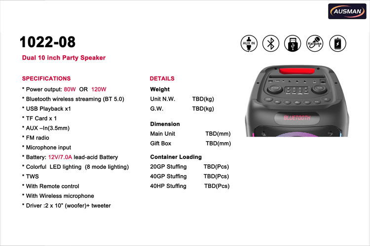 RGB Bluetooth speaker AS-1022-08 parameters