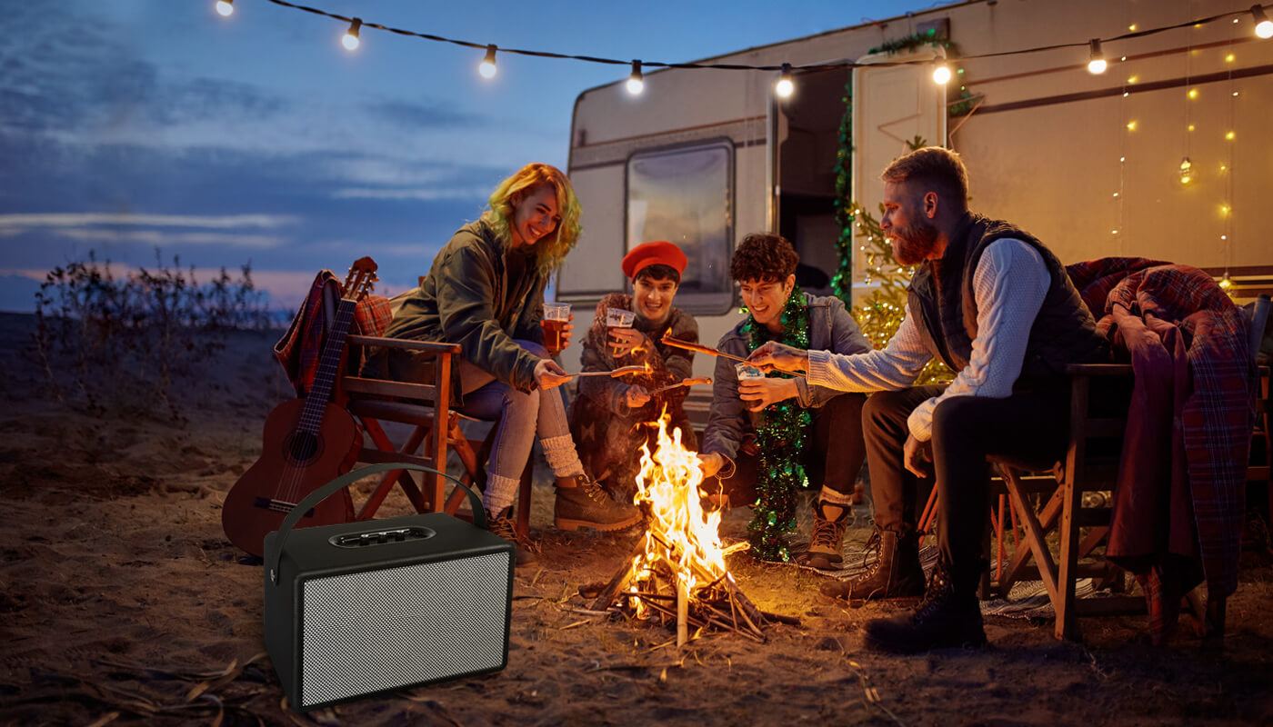 Wild bonfire party with vintage speaker