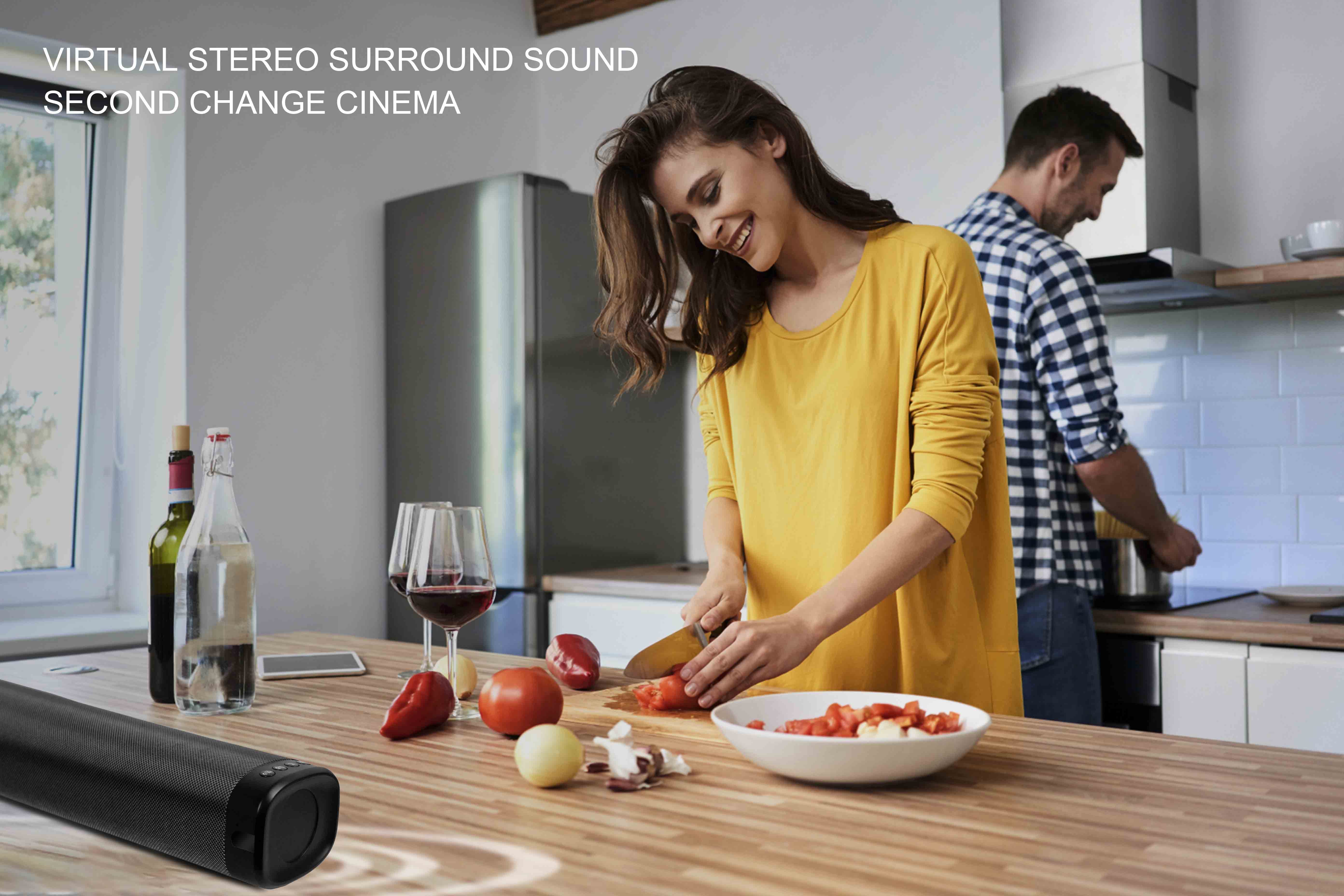wireless soundbar speaker used in kitchen