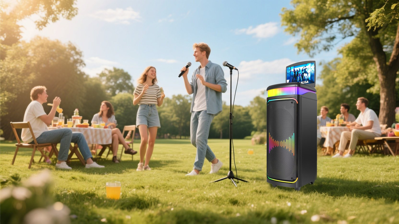 Karaoke speaker with screen is used at outdoor parties