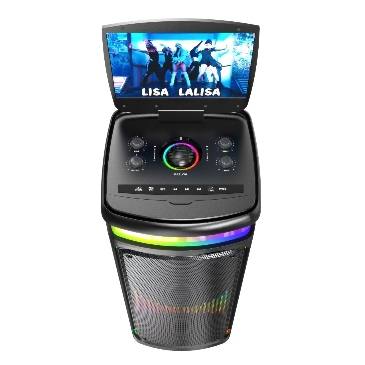 Top view of the karaoke speaker with screen