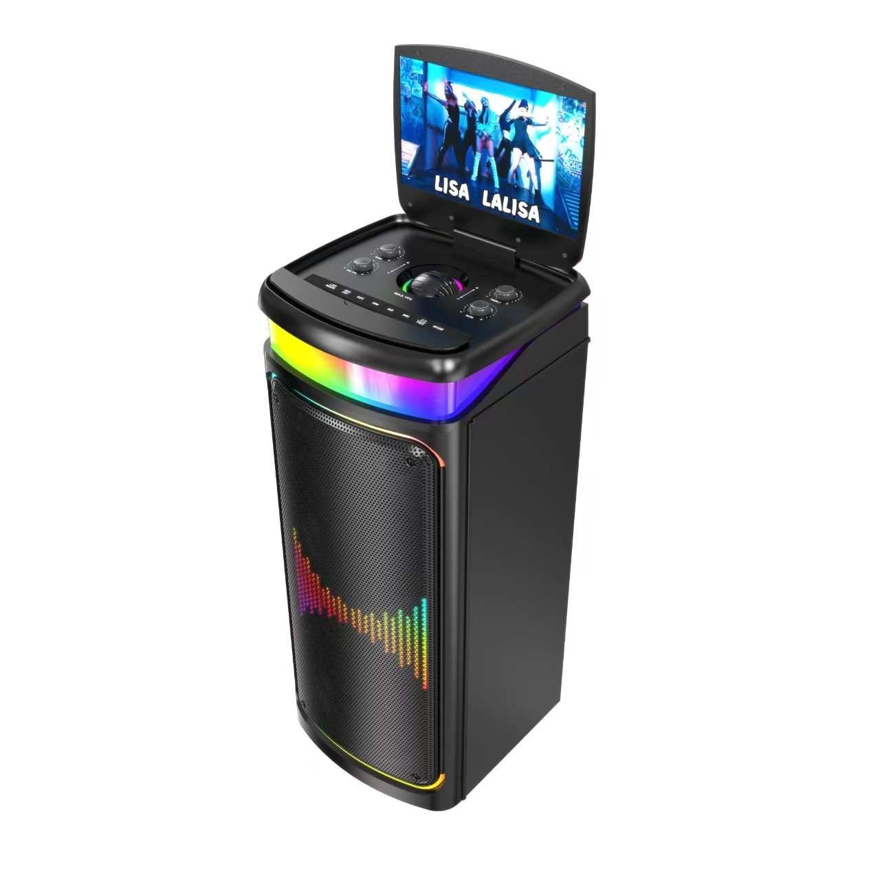 Side view of the karaoke speaker with screen