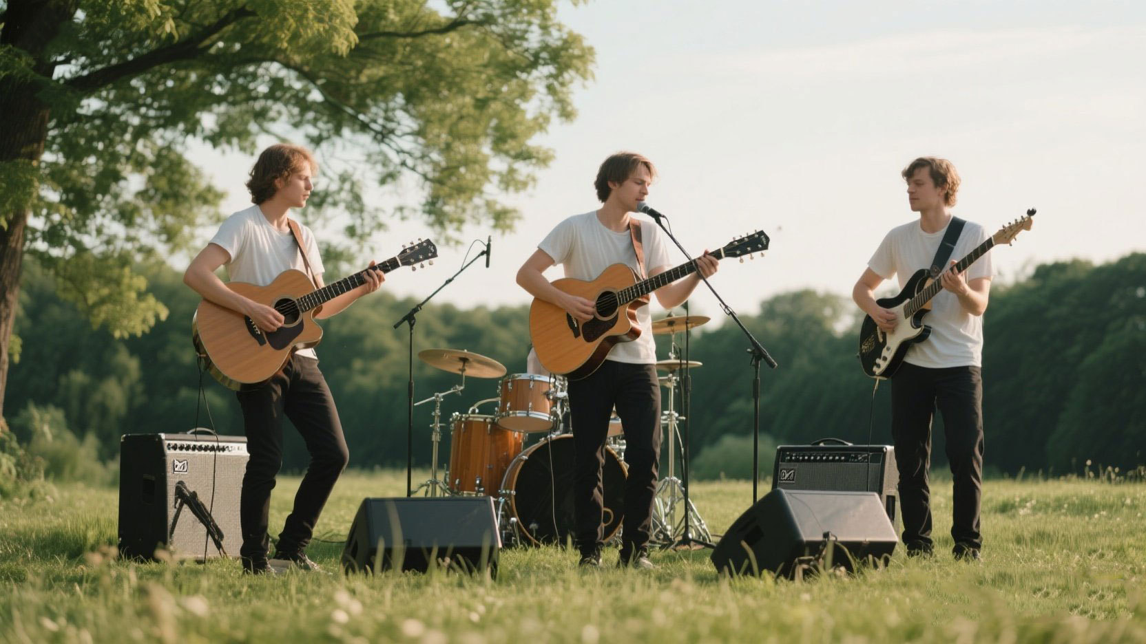 The band is singing with guitar speakers
