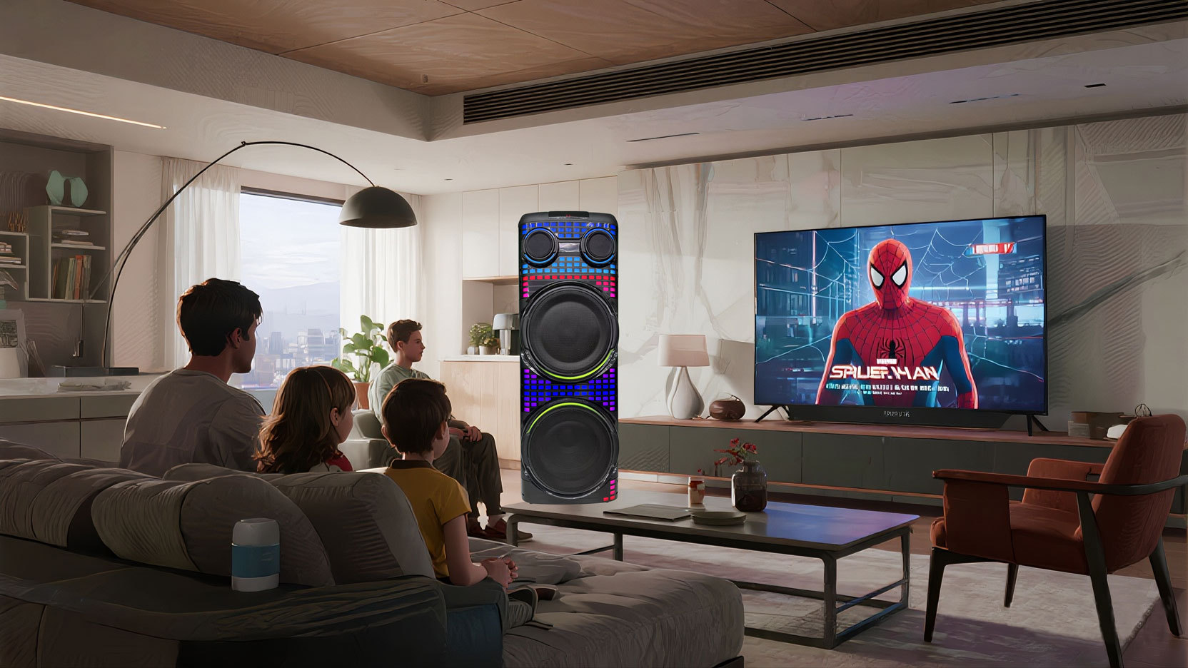 Los miembros de la familia ven la televisión con el altavoz de la torre