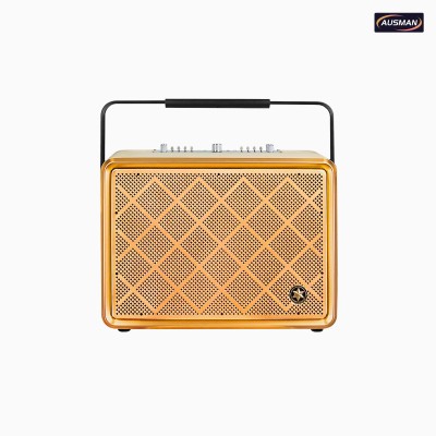 Altavoz de aspecto retro con malla de latón y cuero blanco