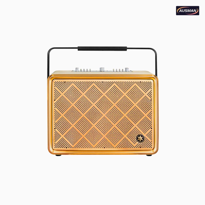 Altavoz de aspecto retro con malla de latón y cuero blanco