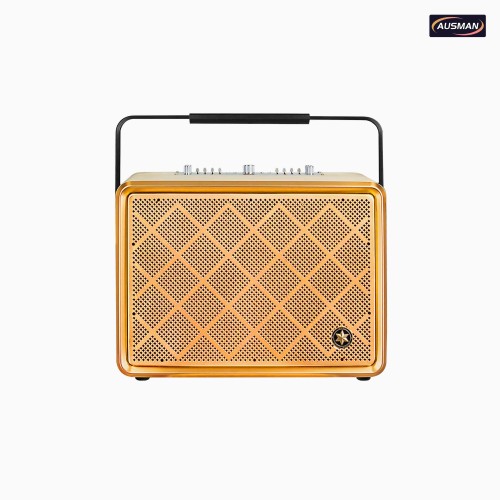 Altavoz de aspecto retro con malla de latón y cuero blanco