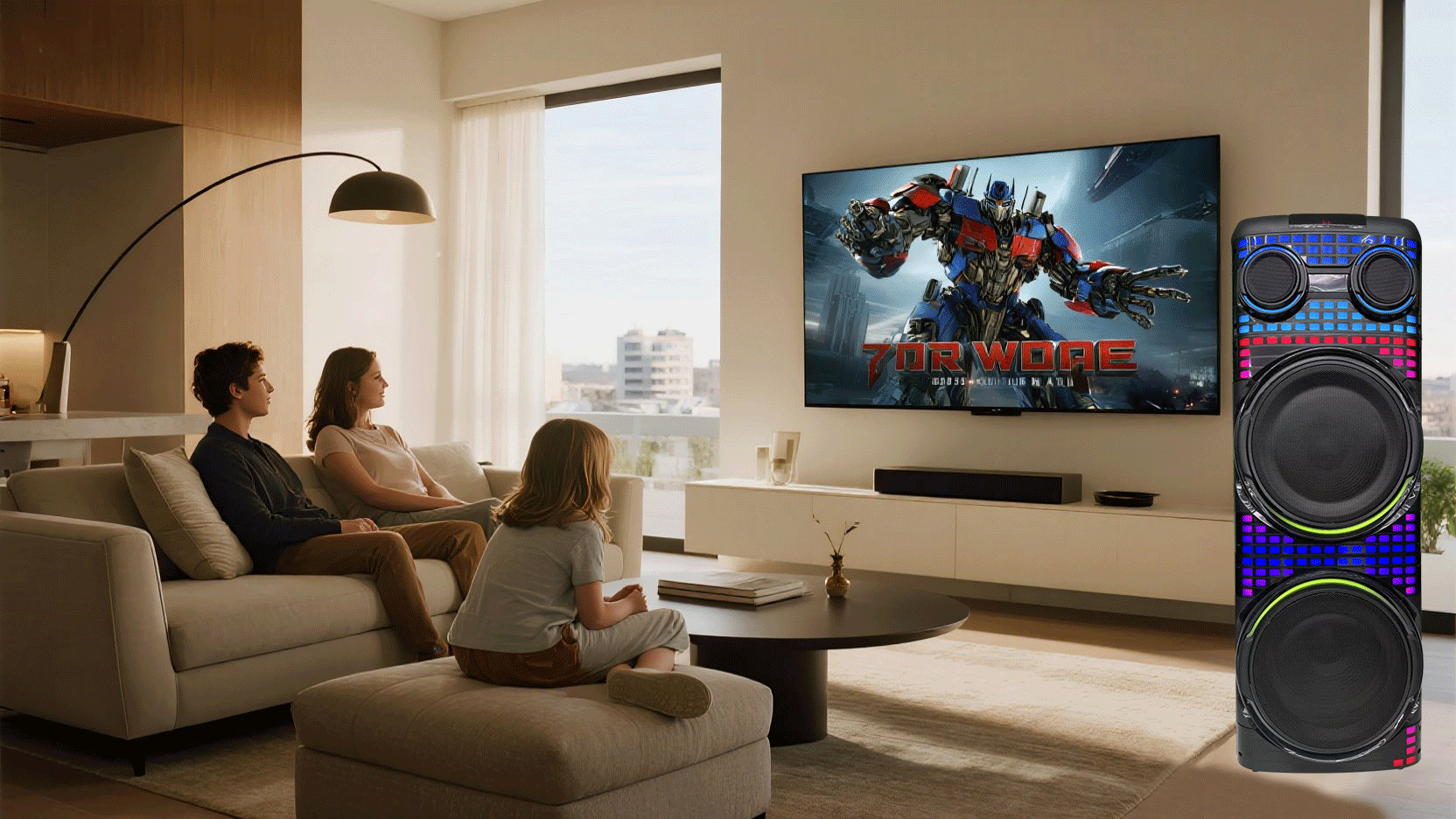 Los miembros de la familia disfrutan de la película con el altavoz de pie