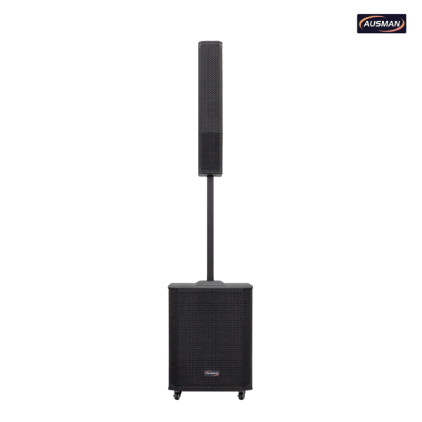 Sistema de megafonía portátil tipo columna con subwoofer de 15 pulgadas.