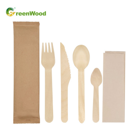 Wooden Disposable Cutlery Set Wholesale | Paper Bag OEM With Packaging Printing | Eco-friendly Biodegradable Cutlery
