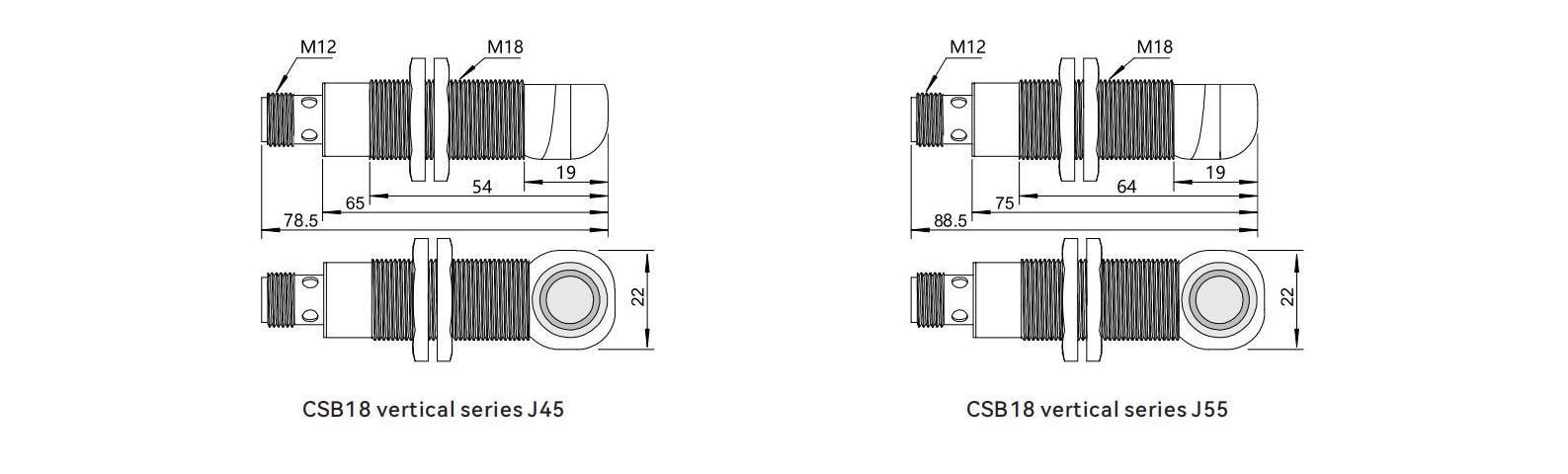Dimensions of automotive ultrasonic sensor CSB18 elbow series