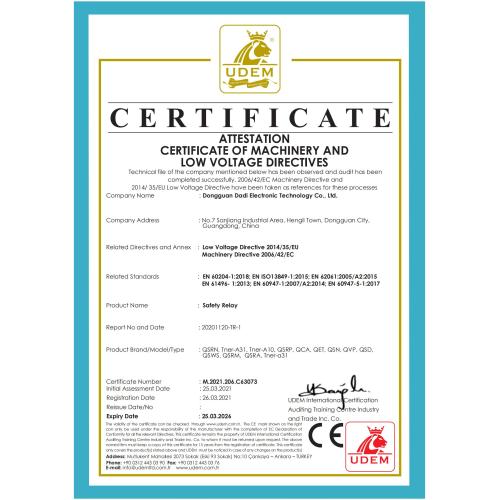UDEM Certificate of Safety Relay (CE marking)