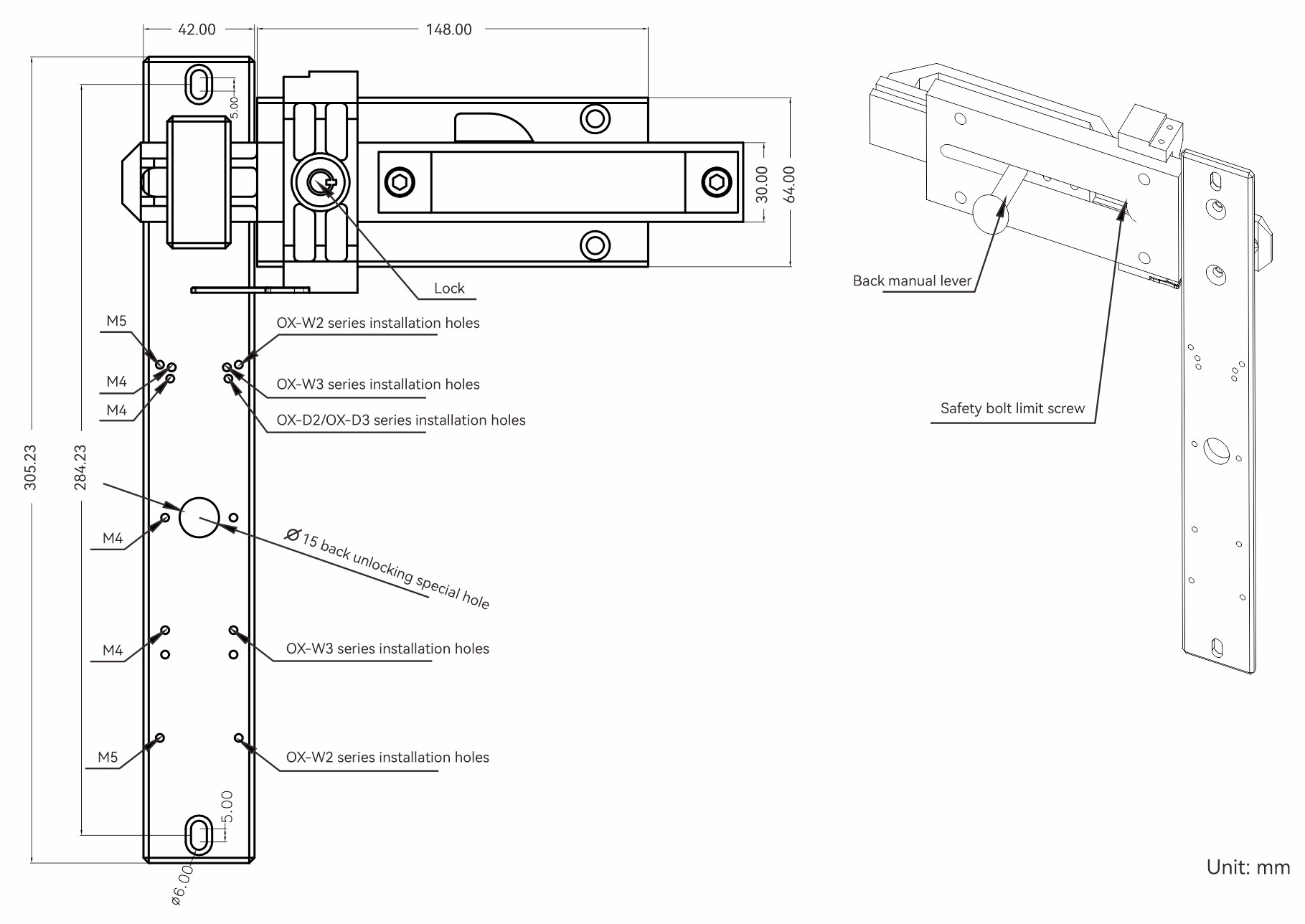 Safety door switch bolt OXSL-B-3 installation dimensions