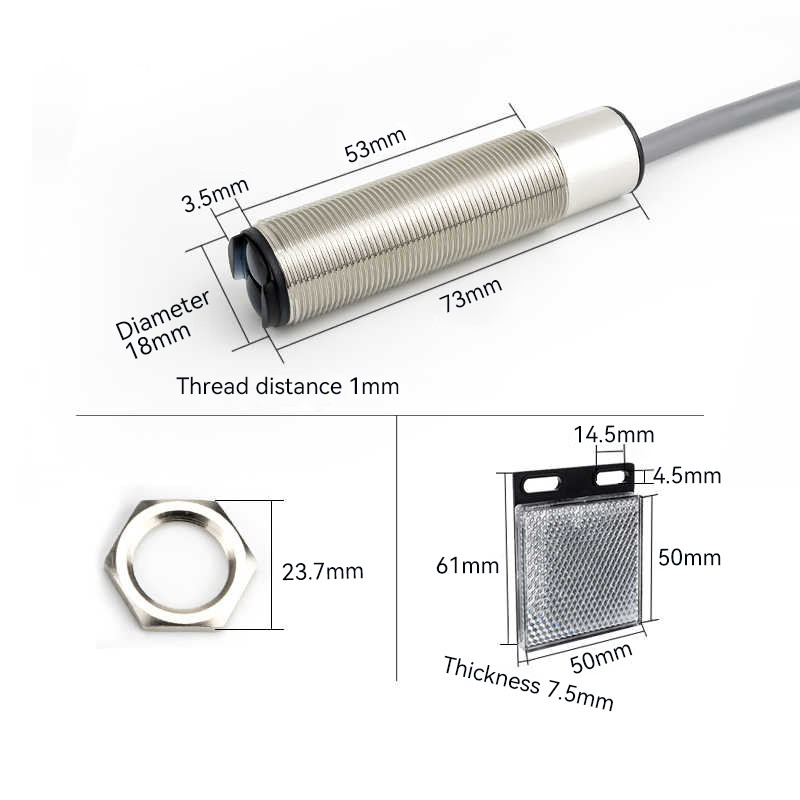 M18 Series Retro-reflective Sensors Dimensions