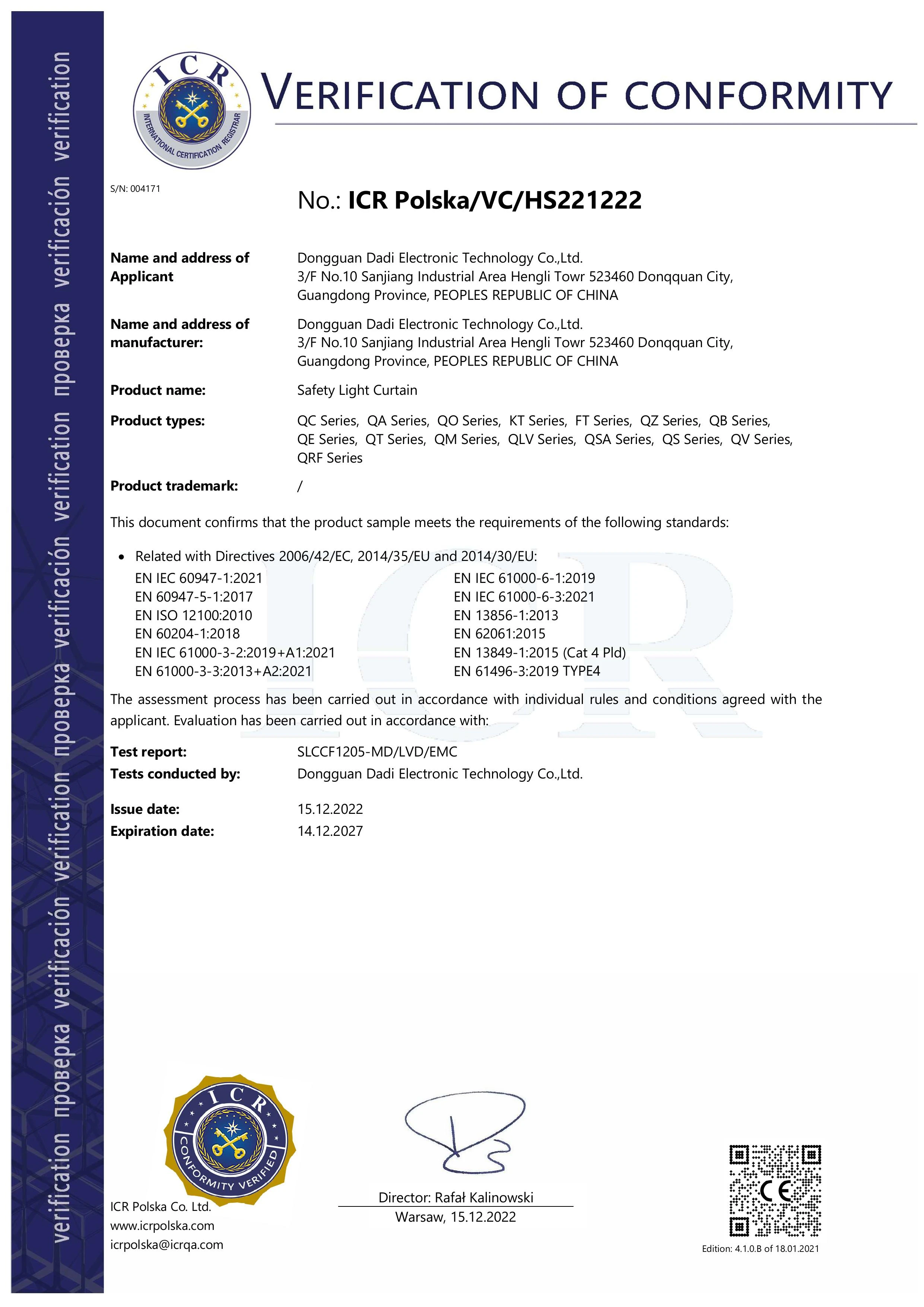 ICR Certificate of Safety Light Curtain (CE marking)