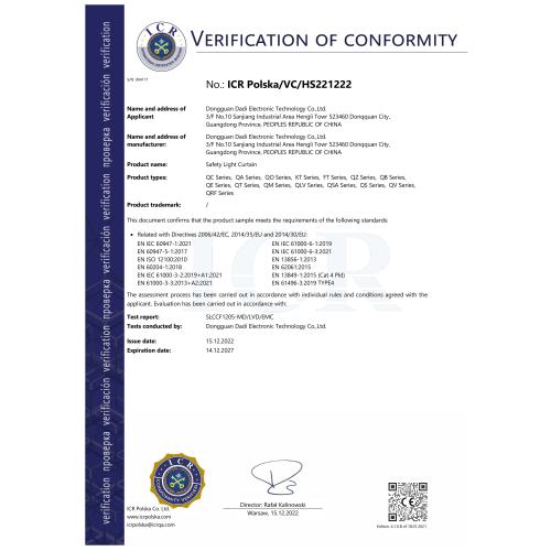 ICR Certificate of Safety Light Curtain (CE marking)