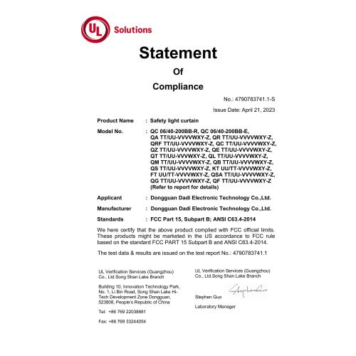 UL Certificate of Safety Light Curtain (FCC Official limits)