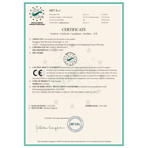 ISET Certificate of Lidar Scanner (CE marking)