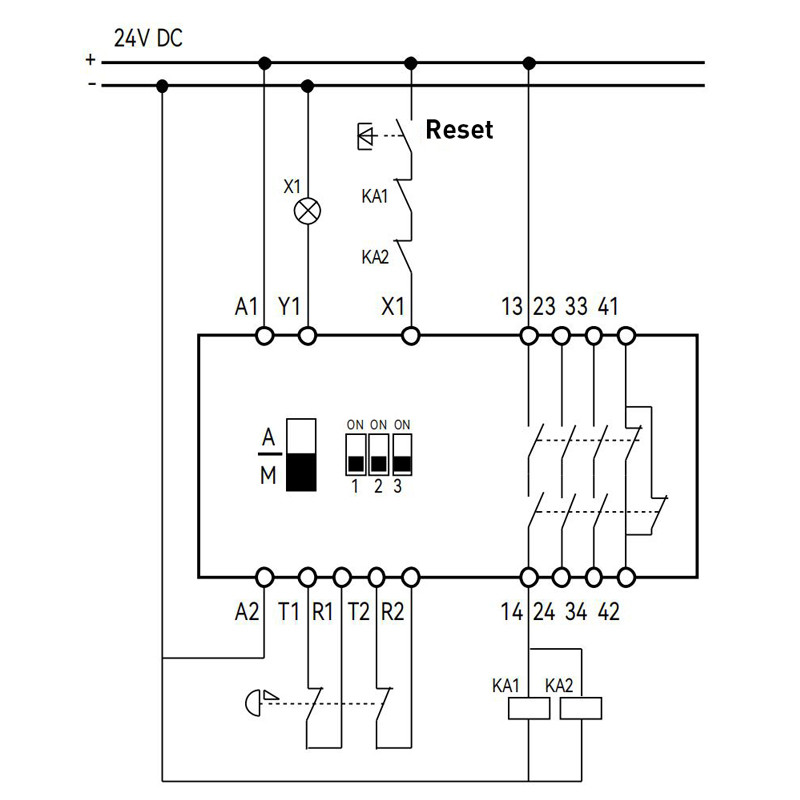Dual-channel emergency stop safety input with manual reset