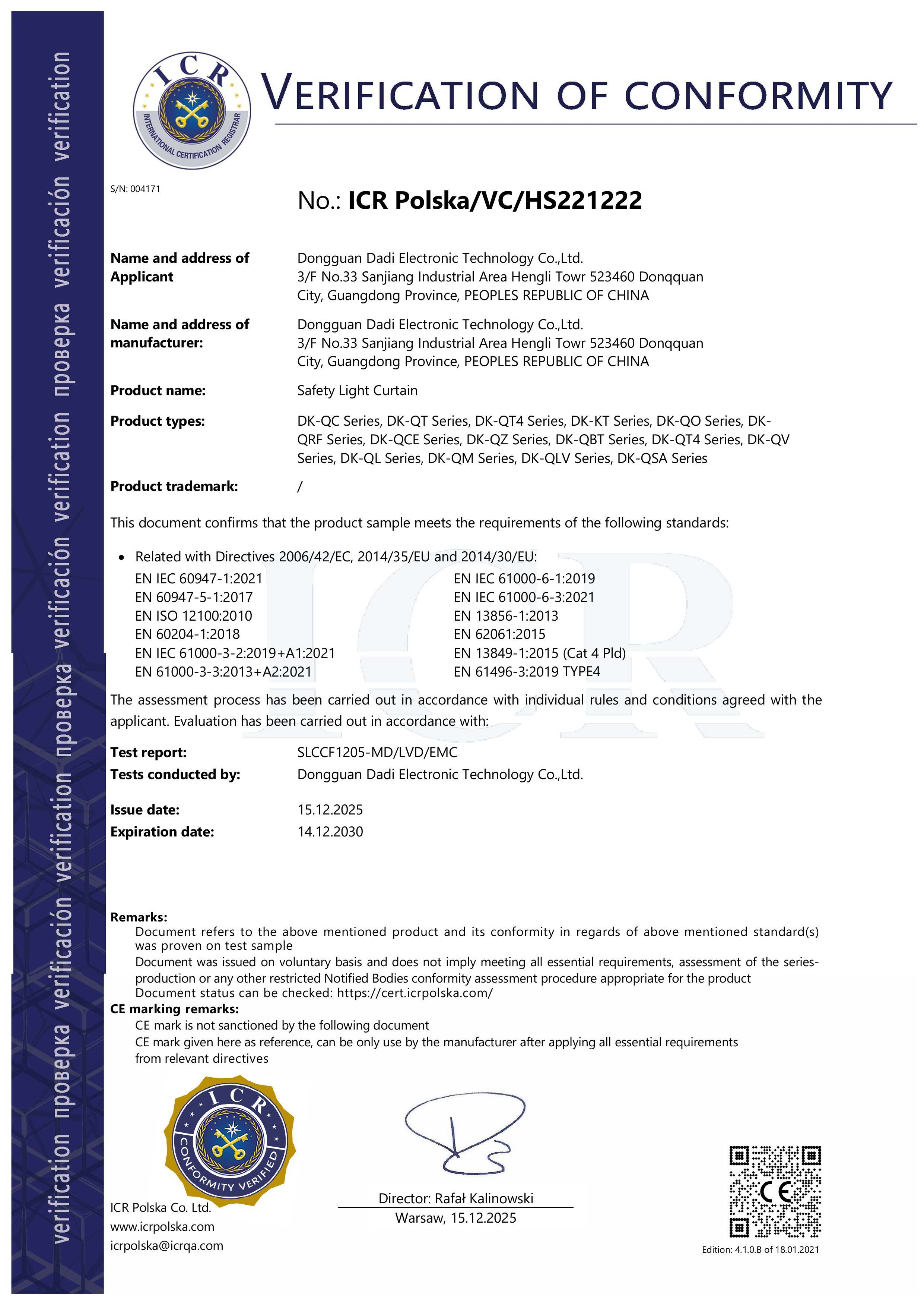ICR Certificate of Safety Light Curtain (CE marking)