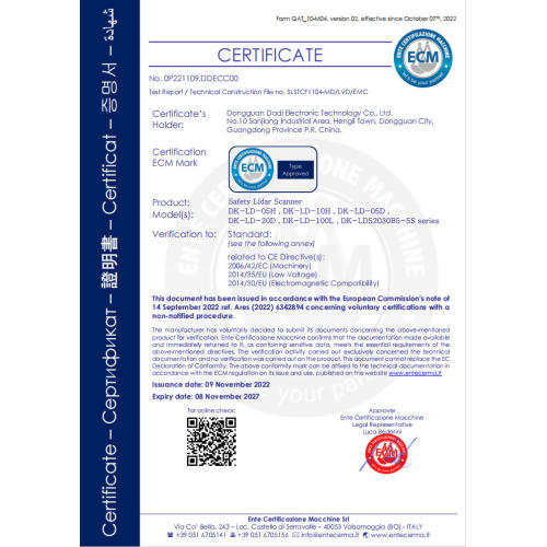 ECM Certificate of Safety Lidar Scanner (CE marking)