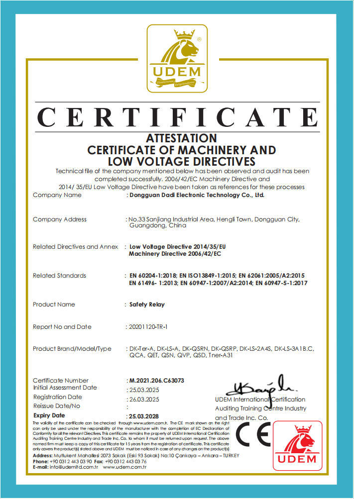 UDEM Certificate of Safety Relay (CE marking)