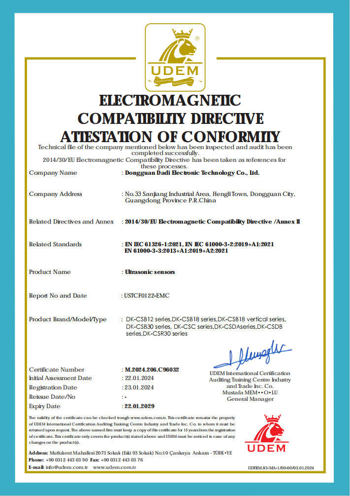 UDEM Certificate of Ultrasonic sensors (CE marking)