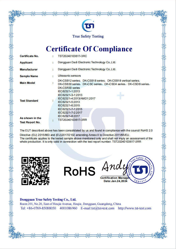 RoHS Certificate of Ultrasonic sensors