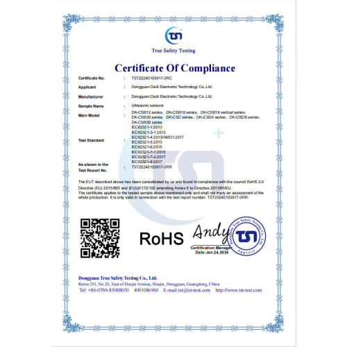 RoHS Certificate of Ultrasonic sensors
