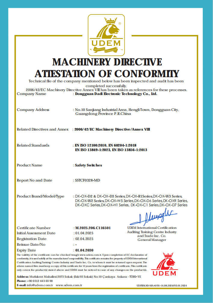 UDEM Certificate of Safety Switches