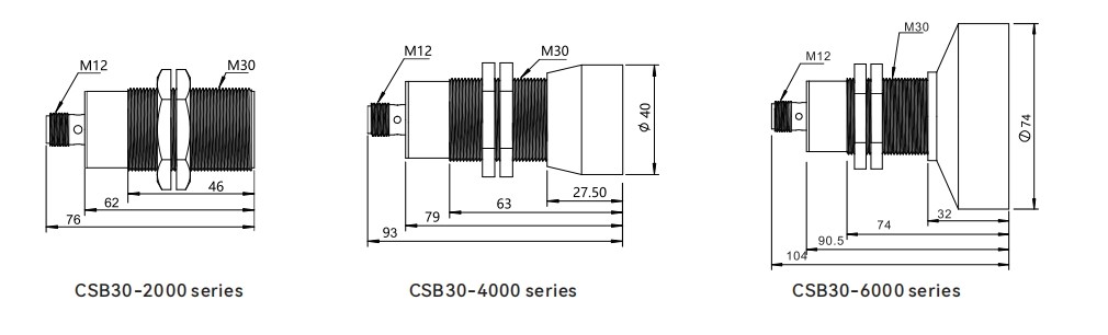Dimensions of Ultrasonic sensors CSB30 series