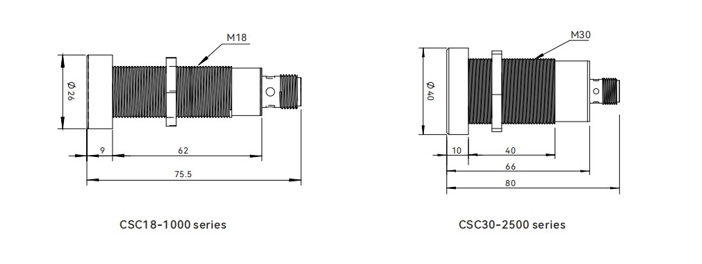 Dimensions of Ultrasonic sensors CSC series