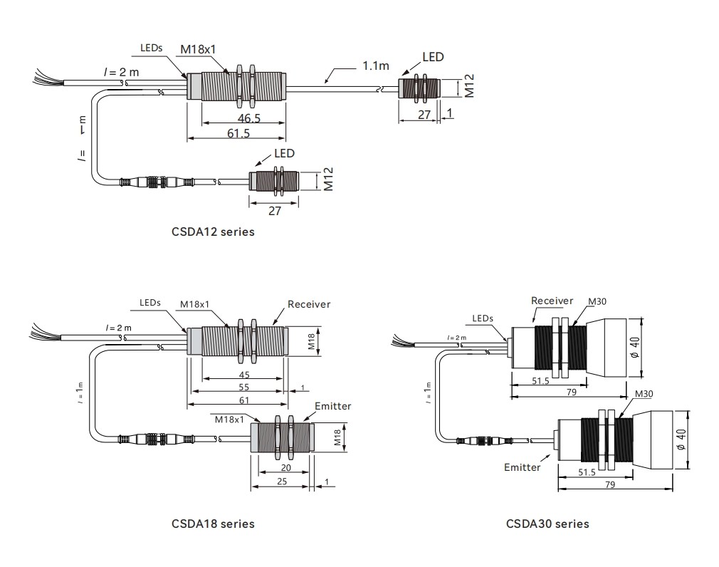Dimensions of Ultrasonic sensors CSDA series