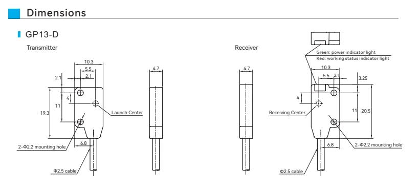 Photoelectric Sensor Ultra-thin Micro GP13 Series GP13-D Dimensions