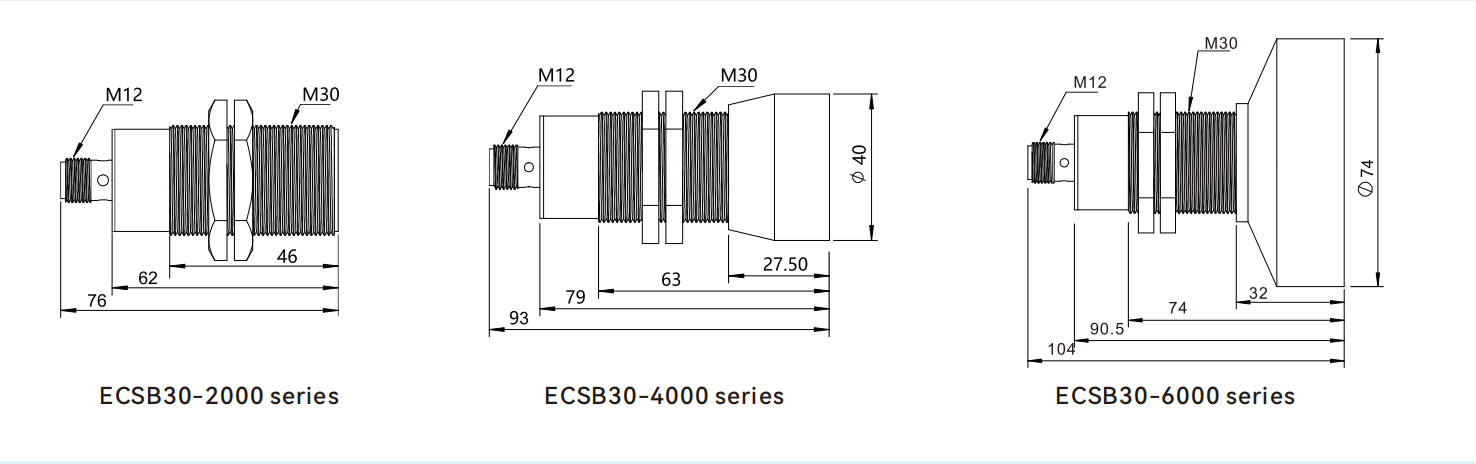 Dimensions of ultrasonic water sensor CSB30 series