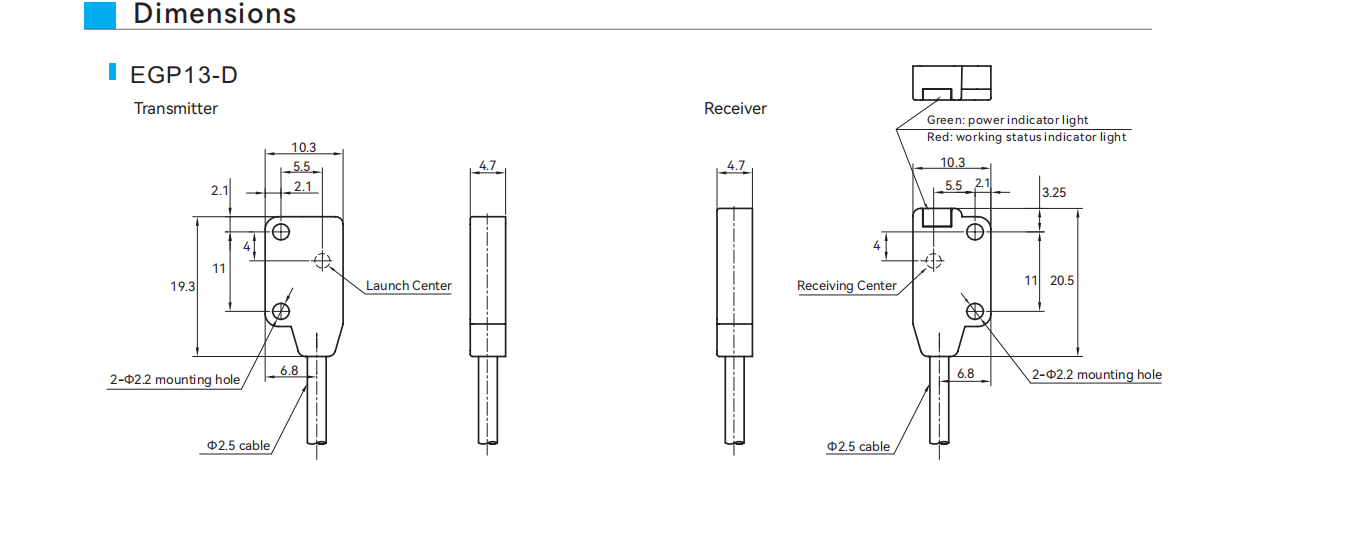 Фотоэлектрический датчик Ультратонкий Микро GP13 Серия GP13-D Размеры